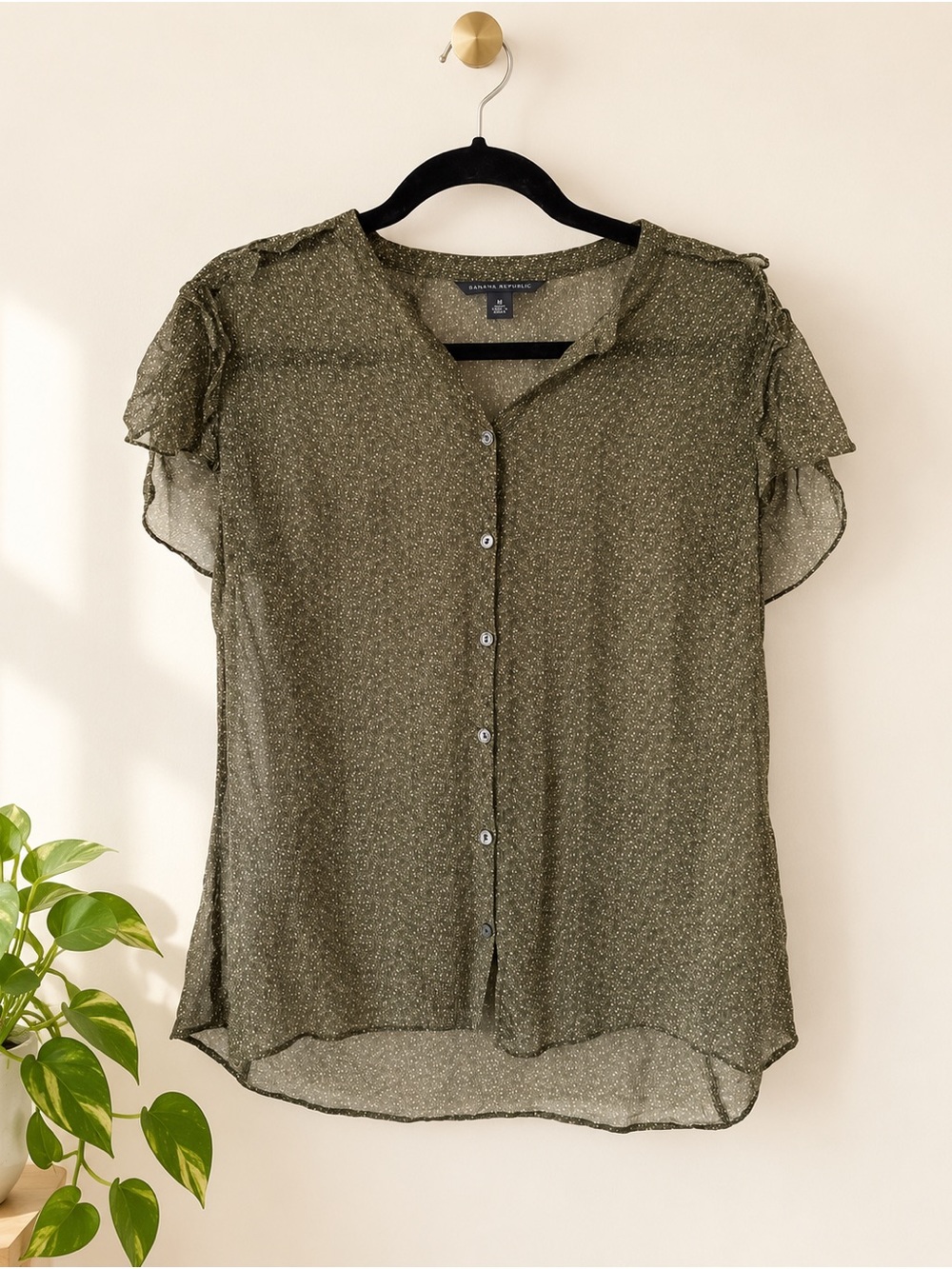 Banana Republic Olive Sheer Flutter Sleeve Blouse M